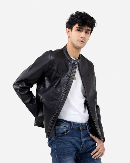 Band Collar Perforated Biker Jacket