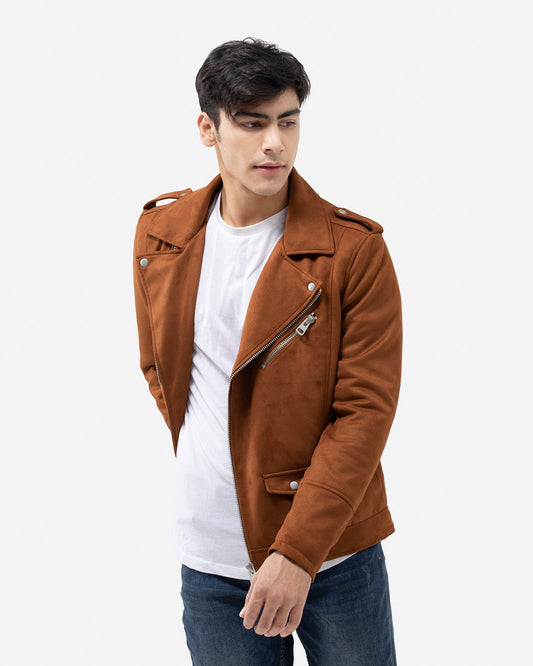 Faux Suede Jacket with Lapel Collar