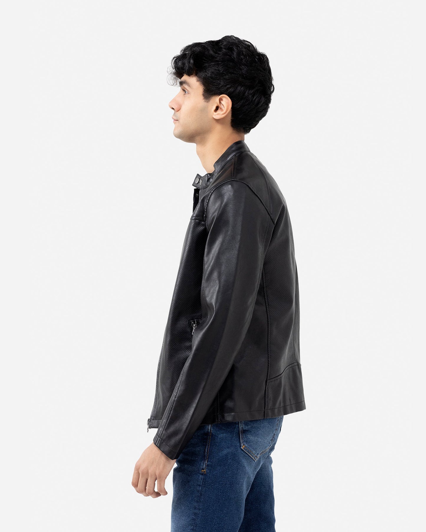 Band Collar Perforated Biker Jacket