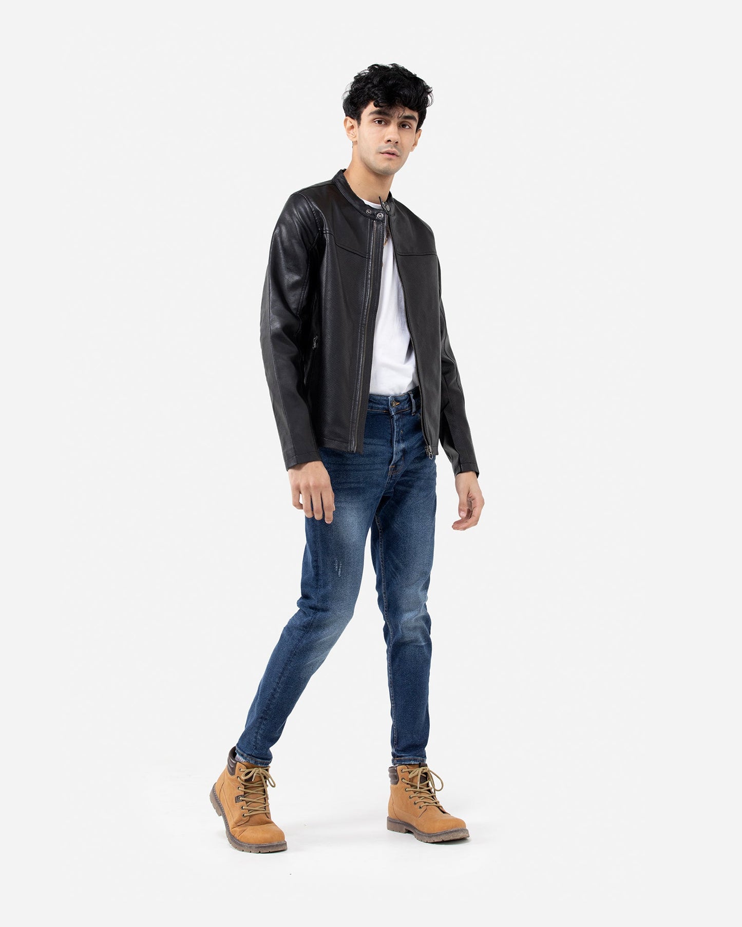 Band Collar Perforated Biker Jacket