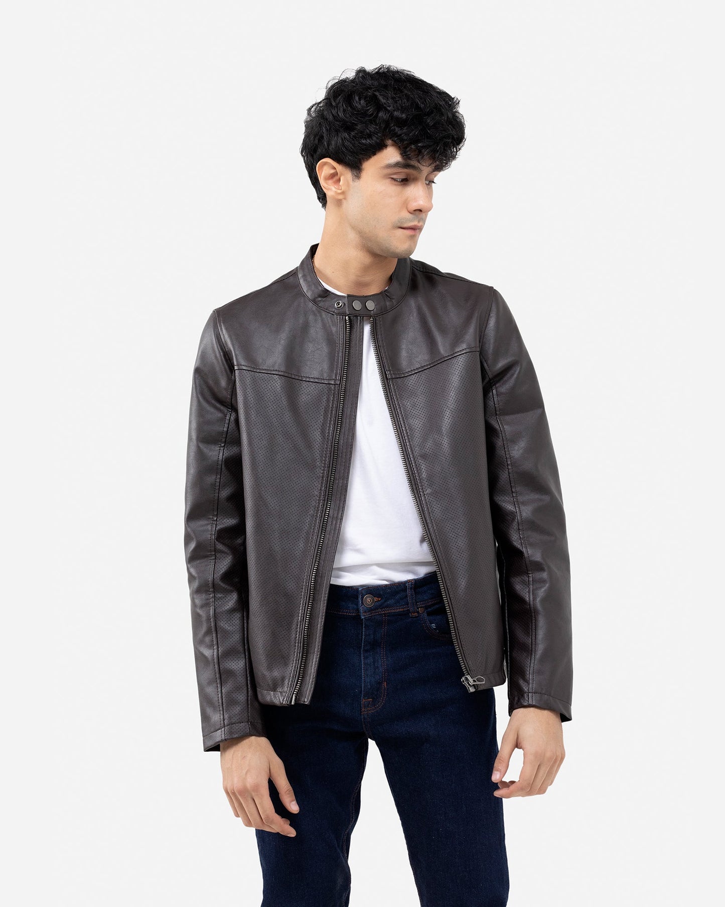 Band Collar Perforated Biker Jacket