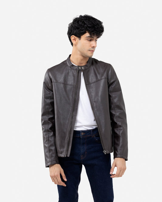 Band Collar Perforated Biker Jacket