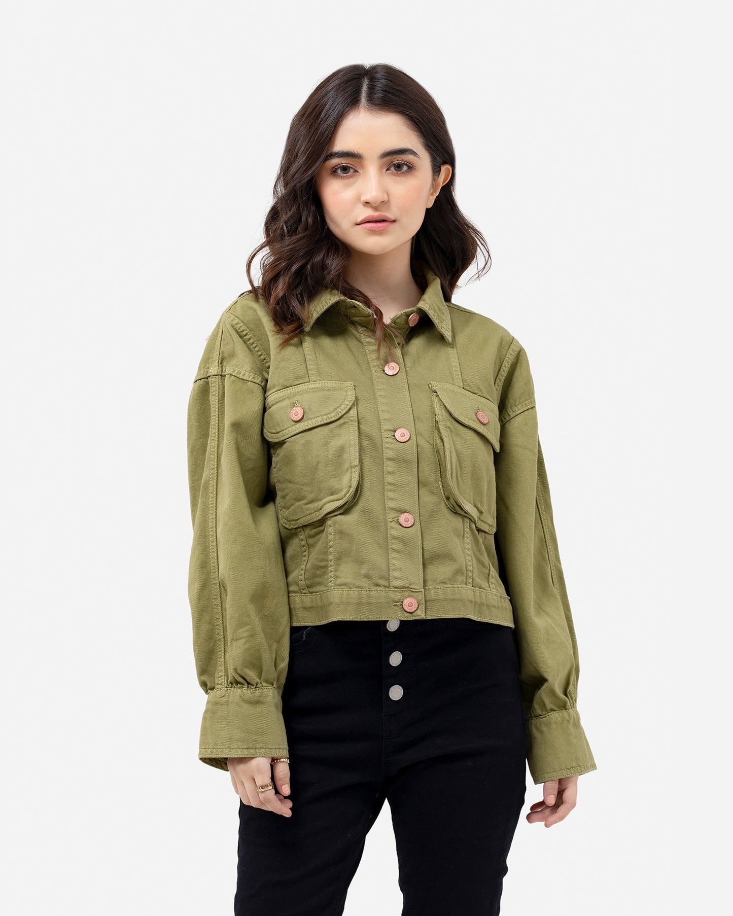 Non-Denim Cropped Trucker with Patch Pockets