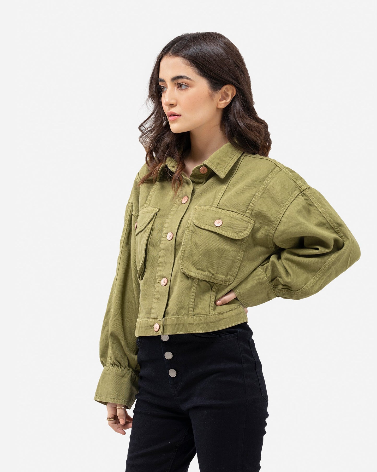 Non-Denim Cropped Trucker with Patch Pockets